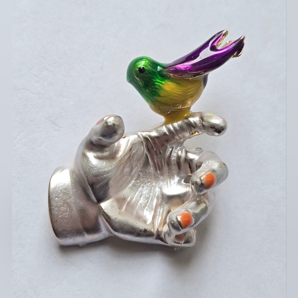 Silver-Tone Hand w/ Enamel Bird Brooch Pendant Betsey Johnson "Bird in Hand"